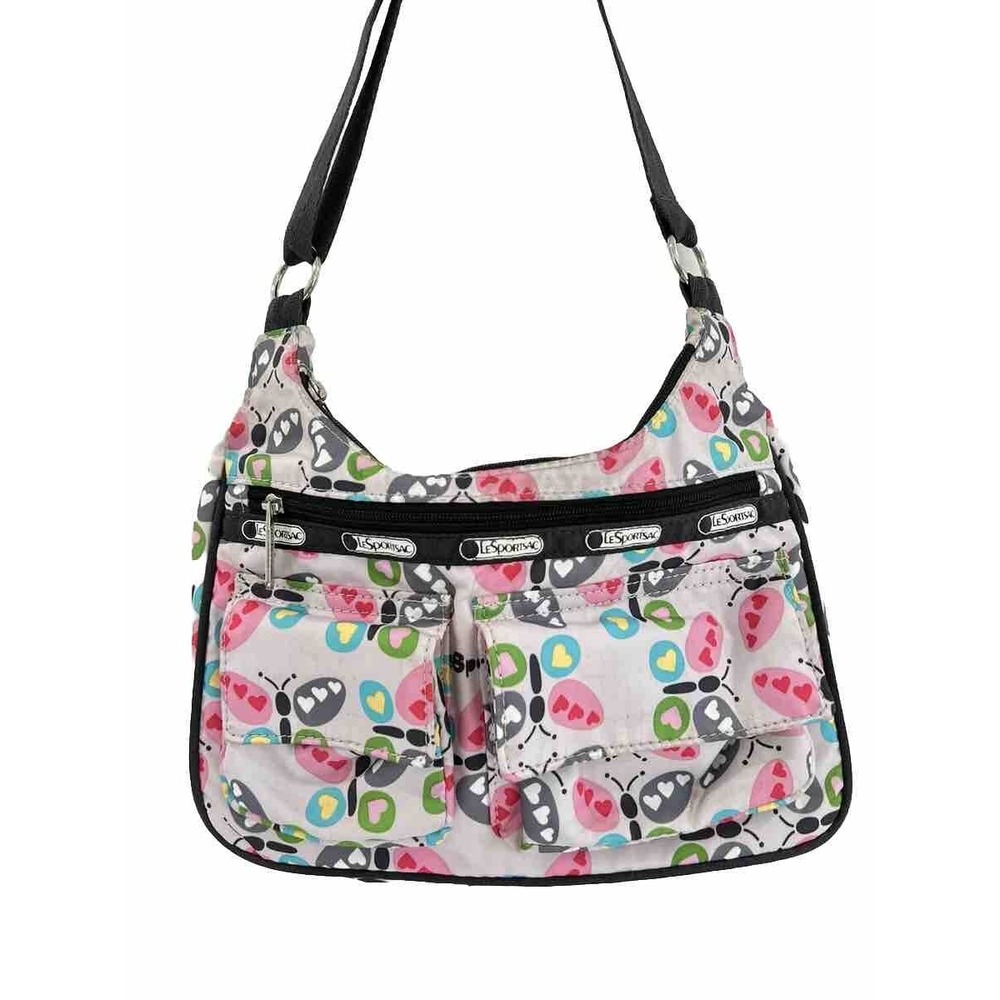 LeSportsac Crossbody‎ Handbag Flutter Boston Butterfly Heart Pink And Gray